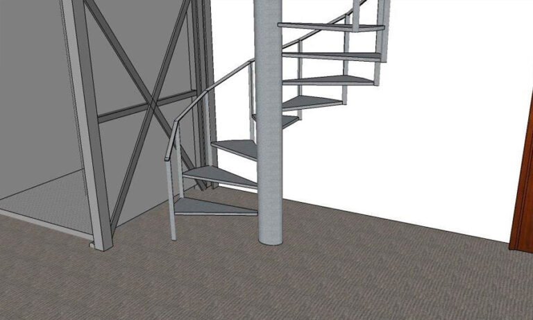 Projeto de escada caracol, escada marinheiro e plataforma metálica — PW Vidros e Alumínios, São Paulo