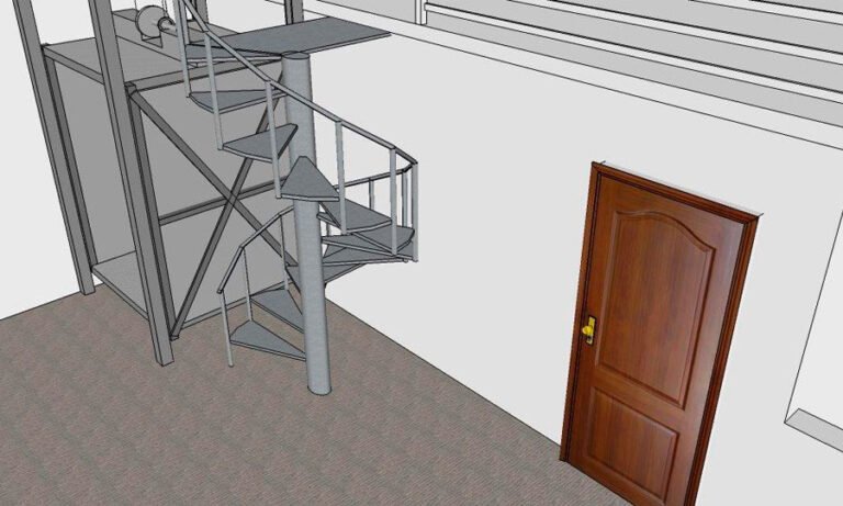 Projeto de escada caracol, escada marinheiro e plataforma metálica — PW Vidros e Alumínios, São Paulo