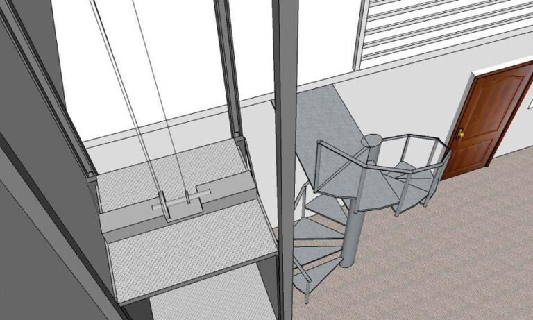 Projeto de escada caracol, escada marinheiro e plataforma metálica — PW Vidros e Alumínios, São Paulo