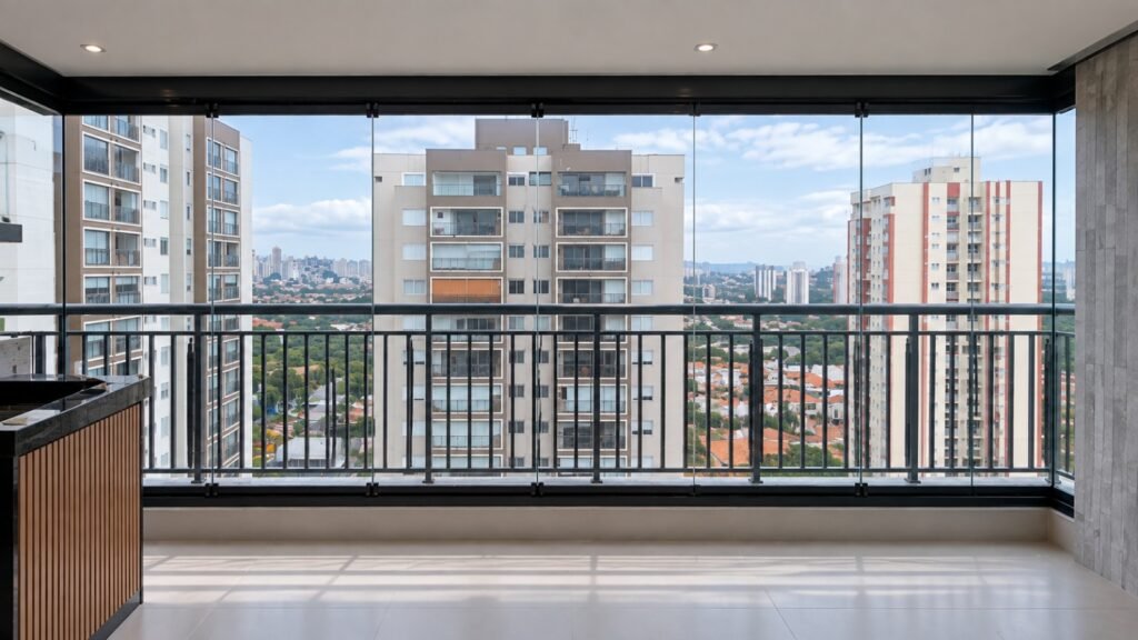 Box de banheiro de vidro com perfil preto instalado, porta de correr