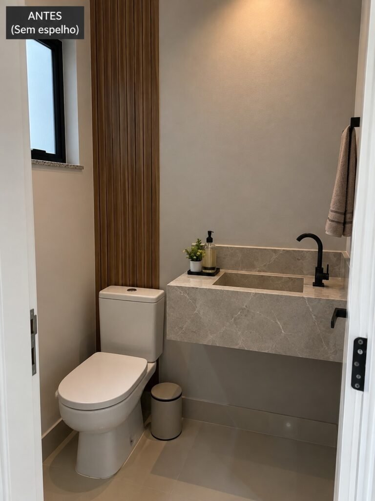 Lavabo antes da instalação do espelho, com a parede lisa sobre a bancada