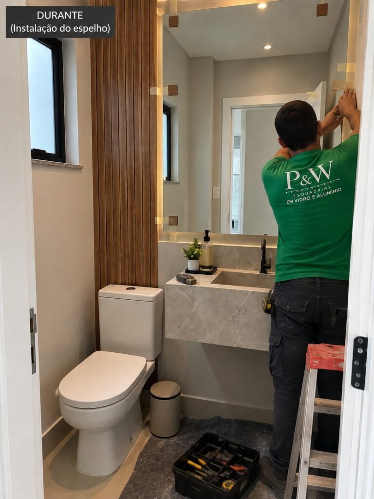 Instalador da PW Vidros colando o espelho sob medida na parede do lavabo