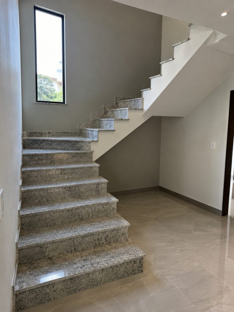 Escada de granito sem guarda-corpo, antes da instalação do vidro