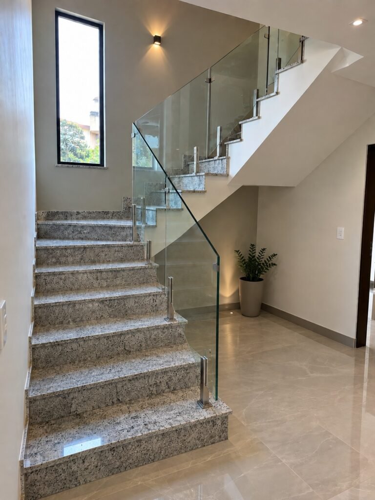 Guarda-corpo de vidro instalado na escada, com torres de aço inox