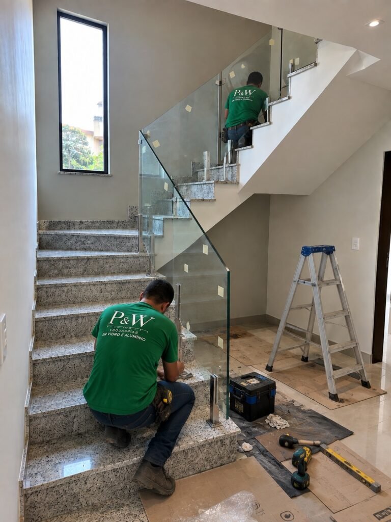 Instalador da PW Vidros fixando o guarda-corpo de vidro na escada